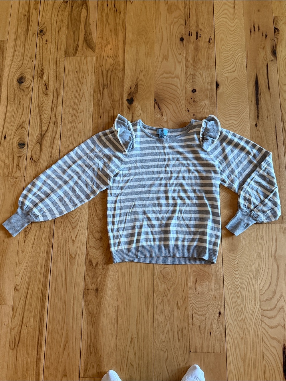 CeCe Striped Ruffle-Shoulder Sweater in Light Gray & White